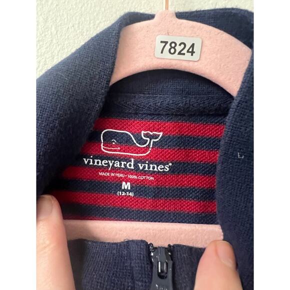 Boy's VineyardVines Navy Blue Red Stripe LongSleeve QuarterZip Pullover Sz 12/14 - Picture 3 of 3